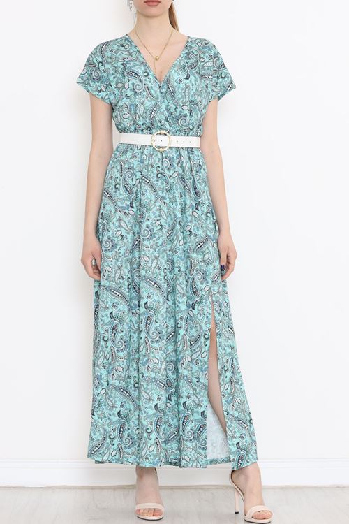 Kruvaze Yaka Desenli Elbise Mint - 1383.1256.