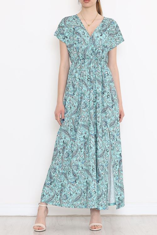 Kruvaze Yaka Desenli Elbise Mint - 1383.1256.