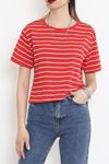 Çizgili Süprem Crop Tişört Kırmızı - 9528.1567.
